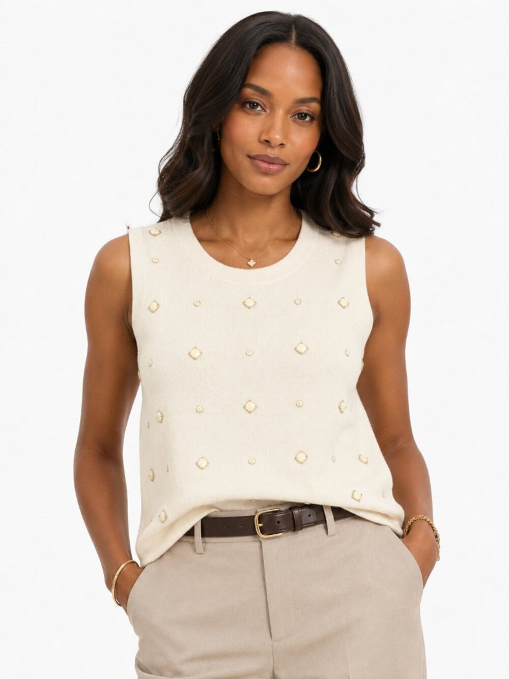Ann Taylor Cream Embellished Sleeveless Knit Tank